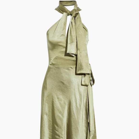 ANDREA IYAMAH Olen tie-neck crinkled-satin wrap midi dress in green size S NEW - Picture 5 of 5